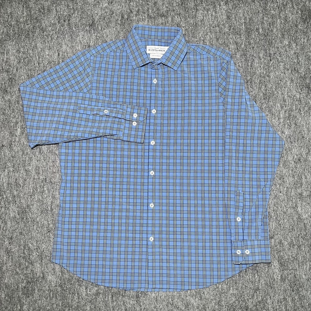 Mizzen Main Leeward Button Up Men L Blue Glen Check Plaid Standard Fit Stretch